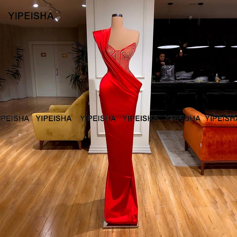 Yipeisha Red Mermaid Evening Dresses One-shoulder Pleated Glitter Pageant Dresses Long Black Satin Prom Party Gowns Customized