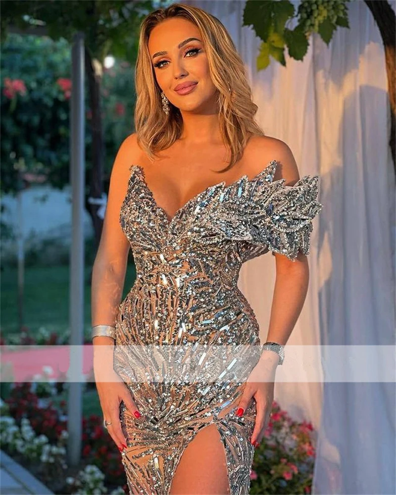 Luxus Perlen Meerjungfrau Abendkleider Lange 2021 Off Shoulder High Slit Abendkleid Für Frauen Partei Robe De Soiree EV208