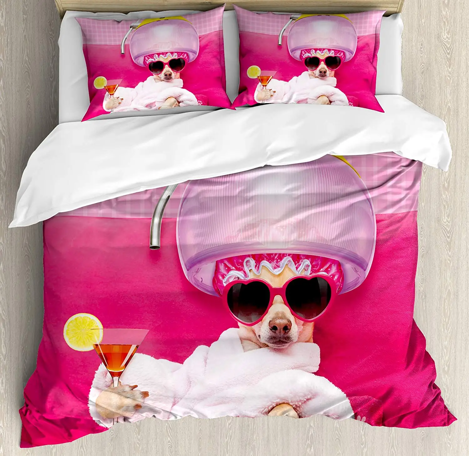 Funny Duvet Cover Set King Size Chihuahua Dog Relaxing and Lying in Wellness Spa Fashion Puppy Comic Print Decorative 3 Piece