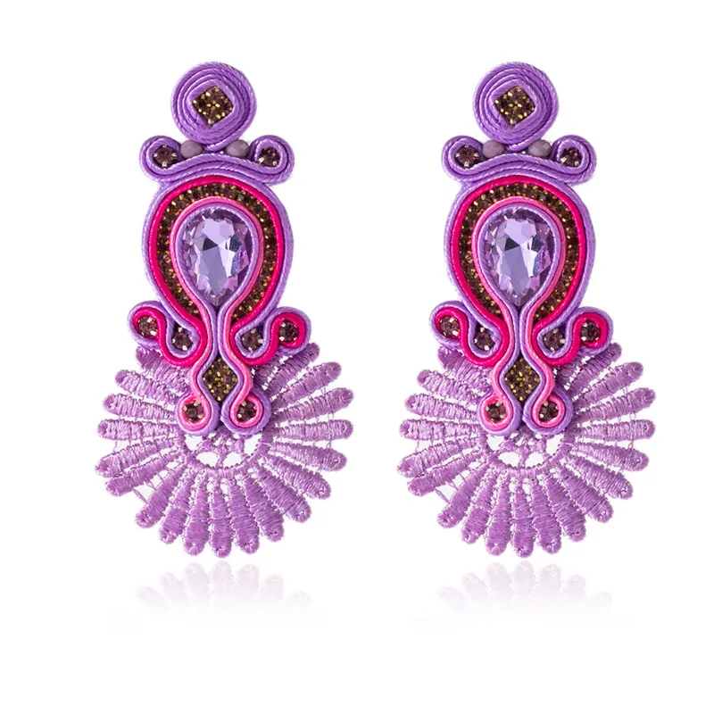 Soutache weaving Lace Dangle earrings for women Fashion fine shiny crystal Colorful Long Earring blue pink violet beautiful gift