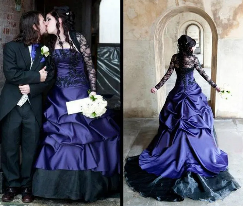 2019 Wedding Dress Black and Purple Bridal Gowns Long Sleeve Vintage Gothic Masquerade A Line Halloween Wedding Dresses