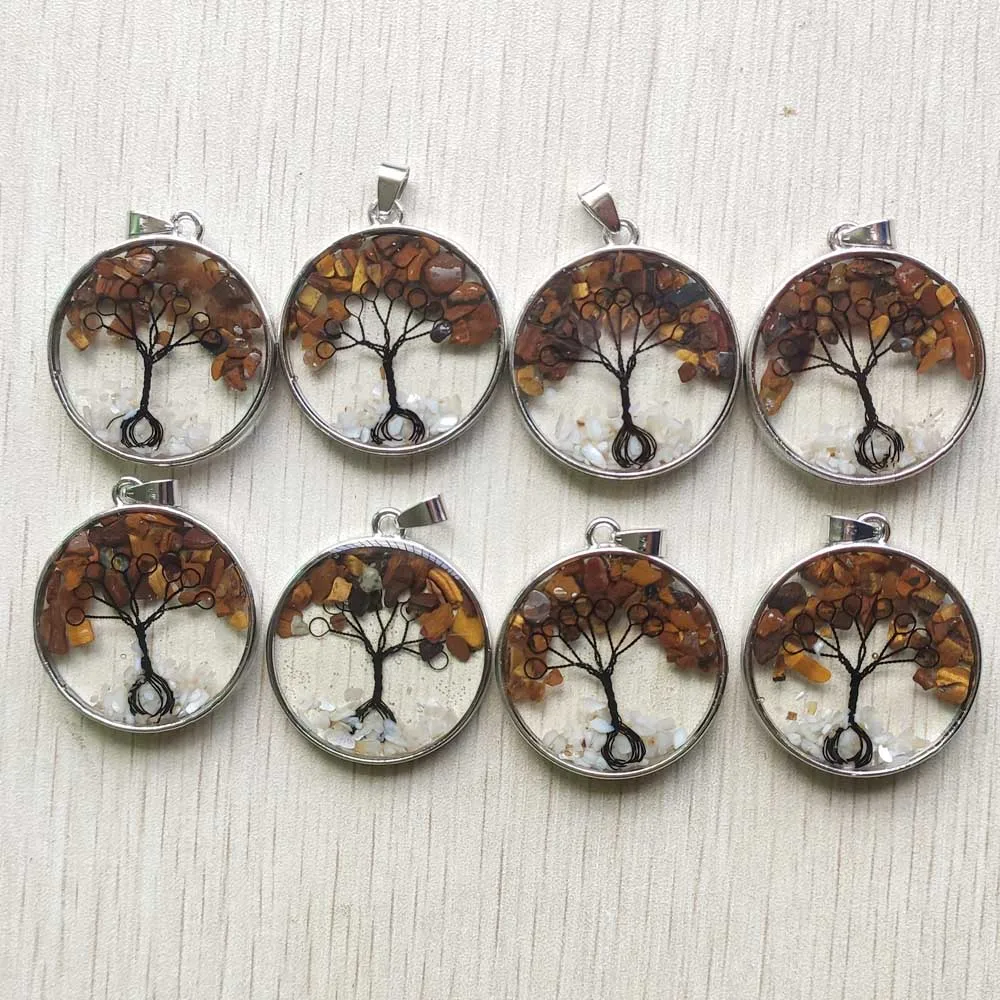 

Natural tiger eye stone glass round shape tree of life pendant for diy jewelry making wholesale 8pcs/lot free shipping