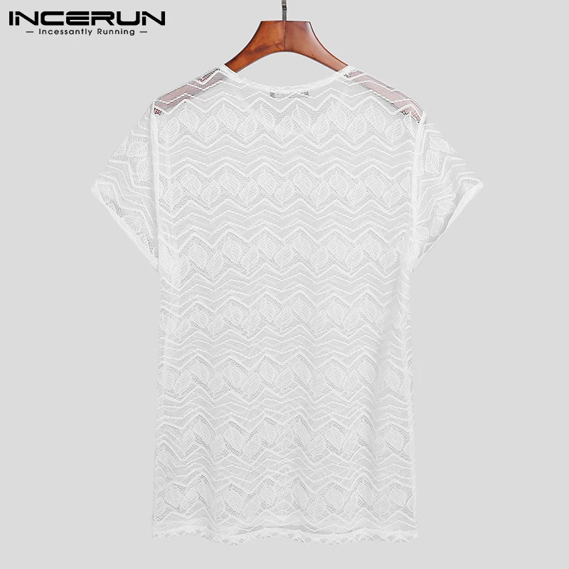 Men T Shirt Mesh Lace See Through Streetwear O Neck Breathable Short Sleeve Sexy Tee Tops Party Casual Camisetas S-5XL INCERUN