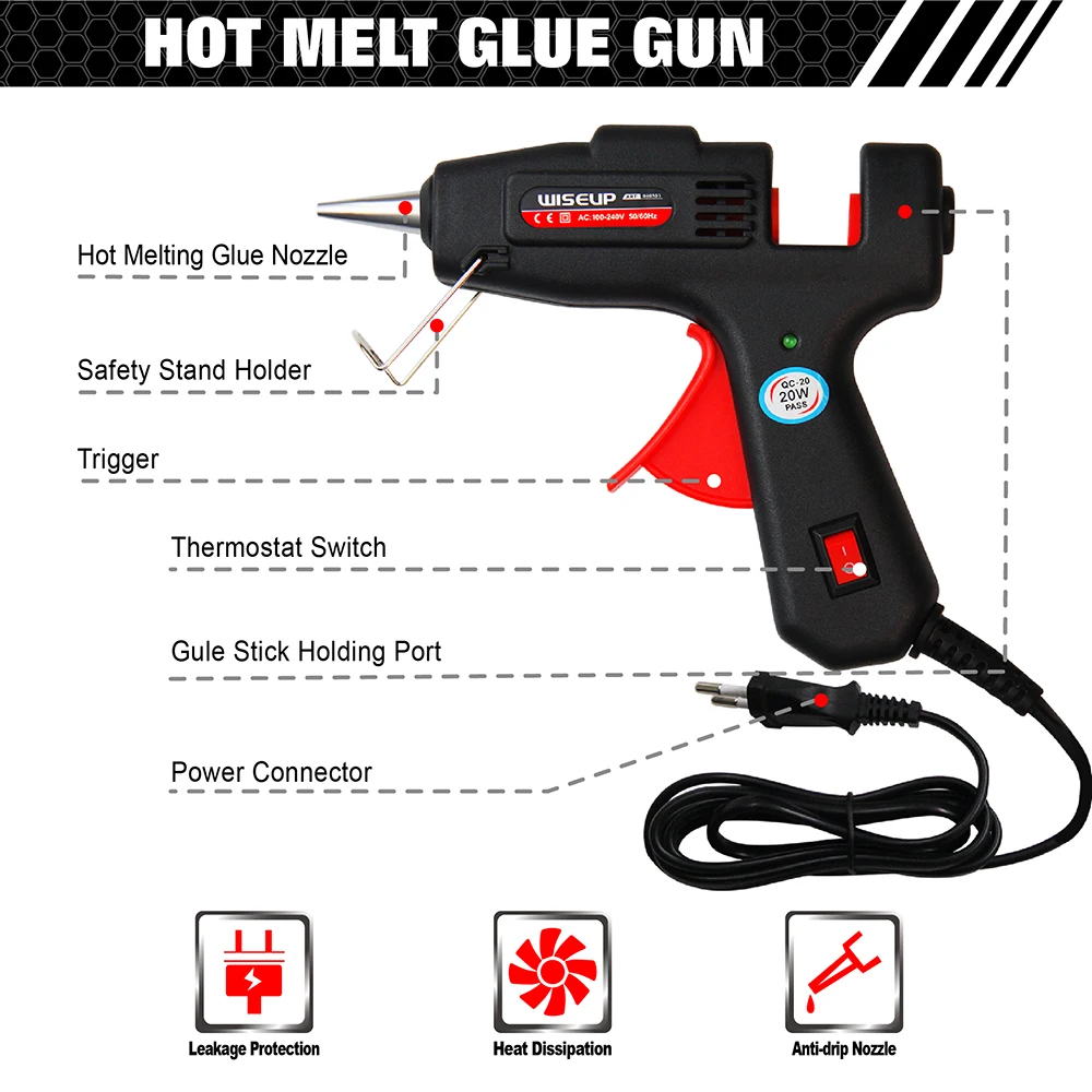 WISEUP 20W Glue Gun Industrial Mini Hot Melt Glue Guns Thermo Electric Heat Temperature Repair Tool DIY Fit 7*100MM Sticks