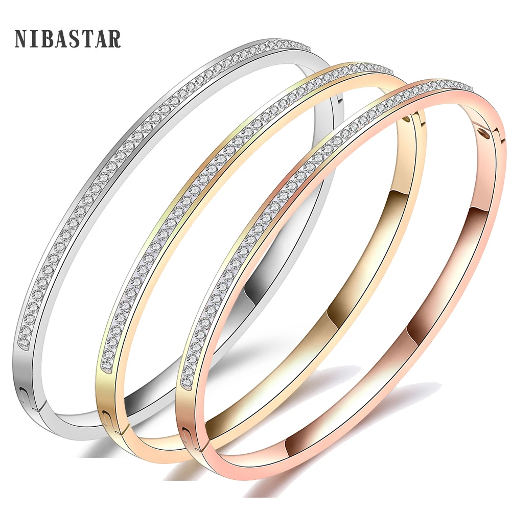 Simple Plain Design Wire Bangle Stainless Steel Pave One Row Clear Crystal With Wire Bracelets Bangles