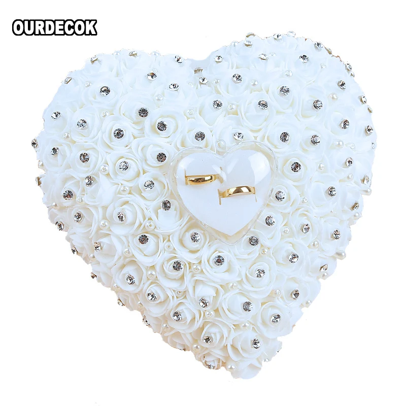 

Wedding Favors Hang Ring Pillow With Transprent Box Heart Design Rhinestone And Pearl Decor Wedding Ring Cushion Decoration