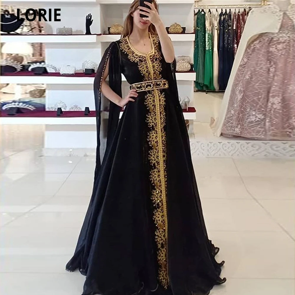 Lorie marroquino caftan preto vestidos de noite formal chiffon boné mangas formal rendas ouro apliques dubai vestidos de festa feitos sob encomenda