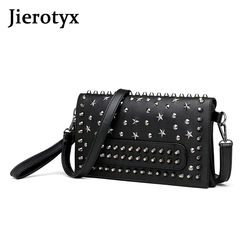 JIEROTYX Women Fashion Rivet Tote Real Split Sheep Leather Messenger Bag Travel Crossbody Femininas Black Punk Handbags Dropship