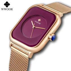 WWOOR Watches For Women 2024 Top Brand Luxury Purple Rectangle Quartz Wrist Watch Waterproof Steel Mesh Ladies Dress Watch Xfcs