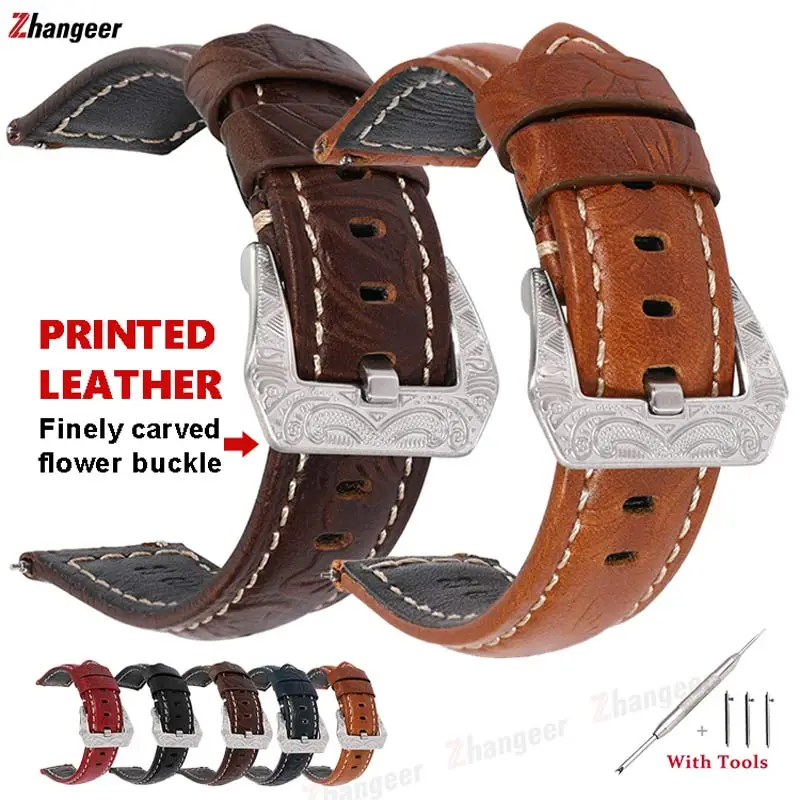 

Newest Fashion Pattern Carving Leather Watchband 20 22mm Quick Release Solid Stainless Steel Buckle Belt Strap Bracelet