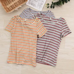 Stretchy Striped Women's T-Shirt Casual O-Neck Short Sleeve Tee Summer Lady Top Cheap Woman Clothing