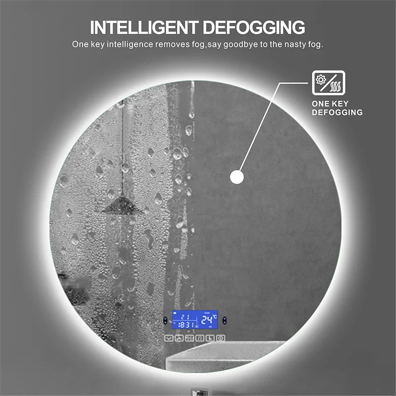 Imagem -03 - Espelho de Banheiro de Parede Redondo Inteligente Regulável Antiembaçante Bluetooth com Luz de Fundo e Iluminação de Fundo