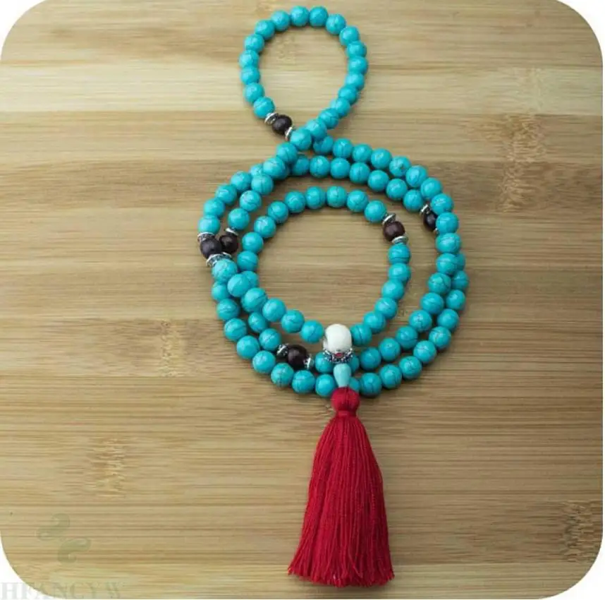 

8mm Turquoise Gemstone 108 Buddha Beads Tassels Mala Necklace cuff Lucky Healing MONK Stress yoga Meditation Handmade Bless pray