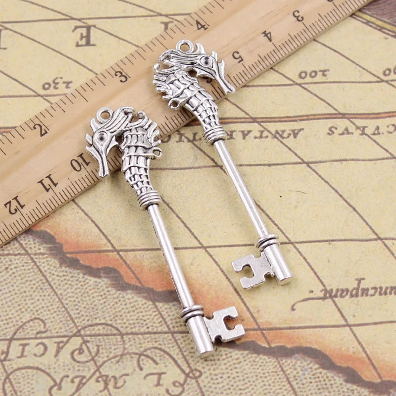 

4pcs Charms hippocampus vintage skeleton key 72x20mm Tibetan Bronze Silver Color Pendants DIY Making Findings Antique Jewelry