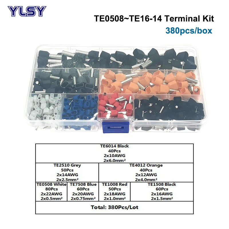 Double Line Tube Insulated Crimp Terminal Kit TE0508~TE6014 Dual Wire Terminales Connector Cable Ferrule 0.5~6mm2 380Pcs/Lot