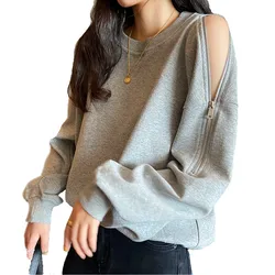 2024 Spring Autumn Women Jumper Casual Loose Zipper Hollow Out Shoulder O Neck Hoodies Solid Street Fashion Sexy Sweatershirt