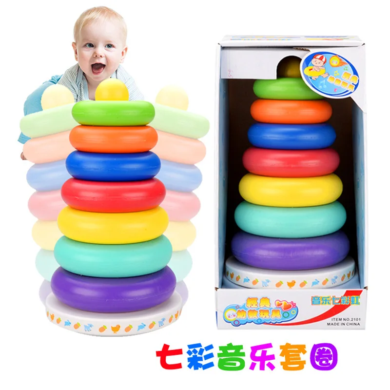 Yizhi ของเล่นเจ็ดสีแหวนเพลง Rainbow Tower Tumbler ชั้น Stack Cup บล็อกตัวต่อ