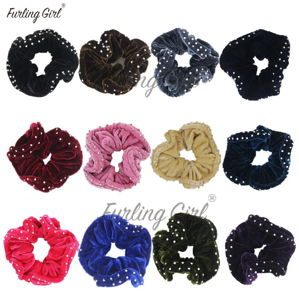 Furling Girl 1PC taniec aksamitne włosy Scrunchie podwójna linia Rhinestone kobiety moda akcesoria do włosów uroczy kucyk Holder
