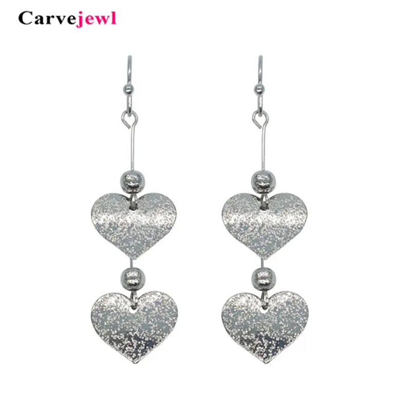 Carvejewl drop earrings metal frosted double heart dangle earrings for women jewelry plastic hook anti allergy Korean earrings