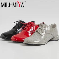 Zapatos de charol con cordones para mujer, calzado de tacón grueso de Color sólido con punta redonda, para primavera y otoño, MILI-MIYA