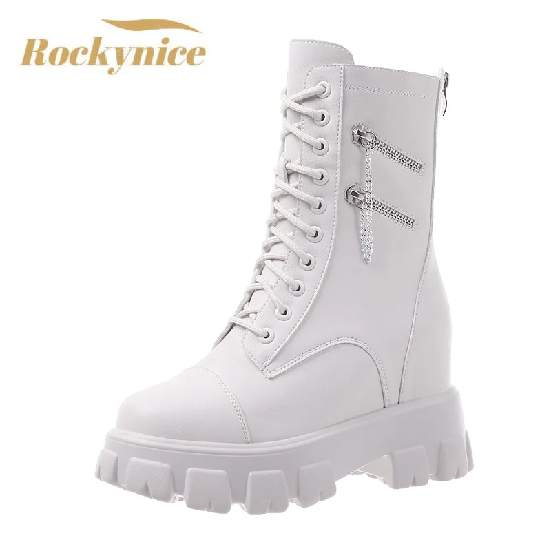 

Women's Mid-Calf Boots Autumn Winter Platform Motorcycle Boots 2021 Increase Thick-soled Short Boots Zipper Woman Chunky Shoes