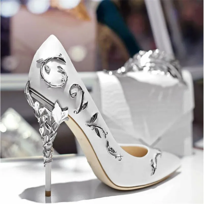 Luxury Women Shoes White pointe shoes Flower Heel Wedding Shoes Women Elegant Silk Brand Design heel shoes Ladies high heels