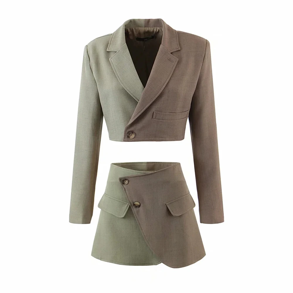 XIKOM Women Two-piece Set Vintage Color Matching Office Lady Single Button Short Blazer Female Casual Slim High Waist Skirt Suit