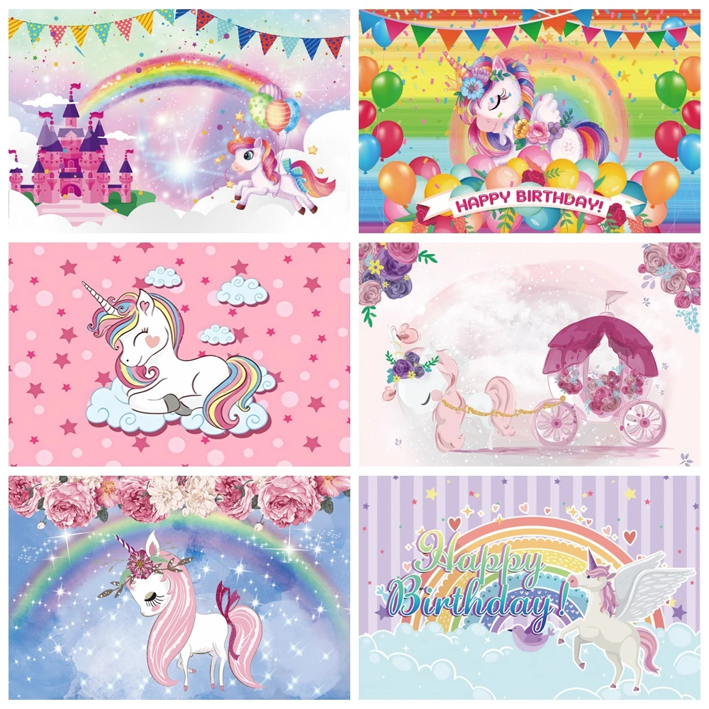 

Laeacco Unicorn Party Photocall Clouds Stars Rainbow Flowers Pennant Balloons Baby Birthday Backdrops Photography Backgrounds