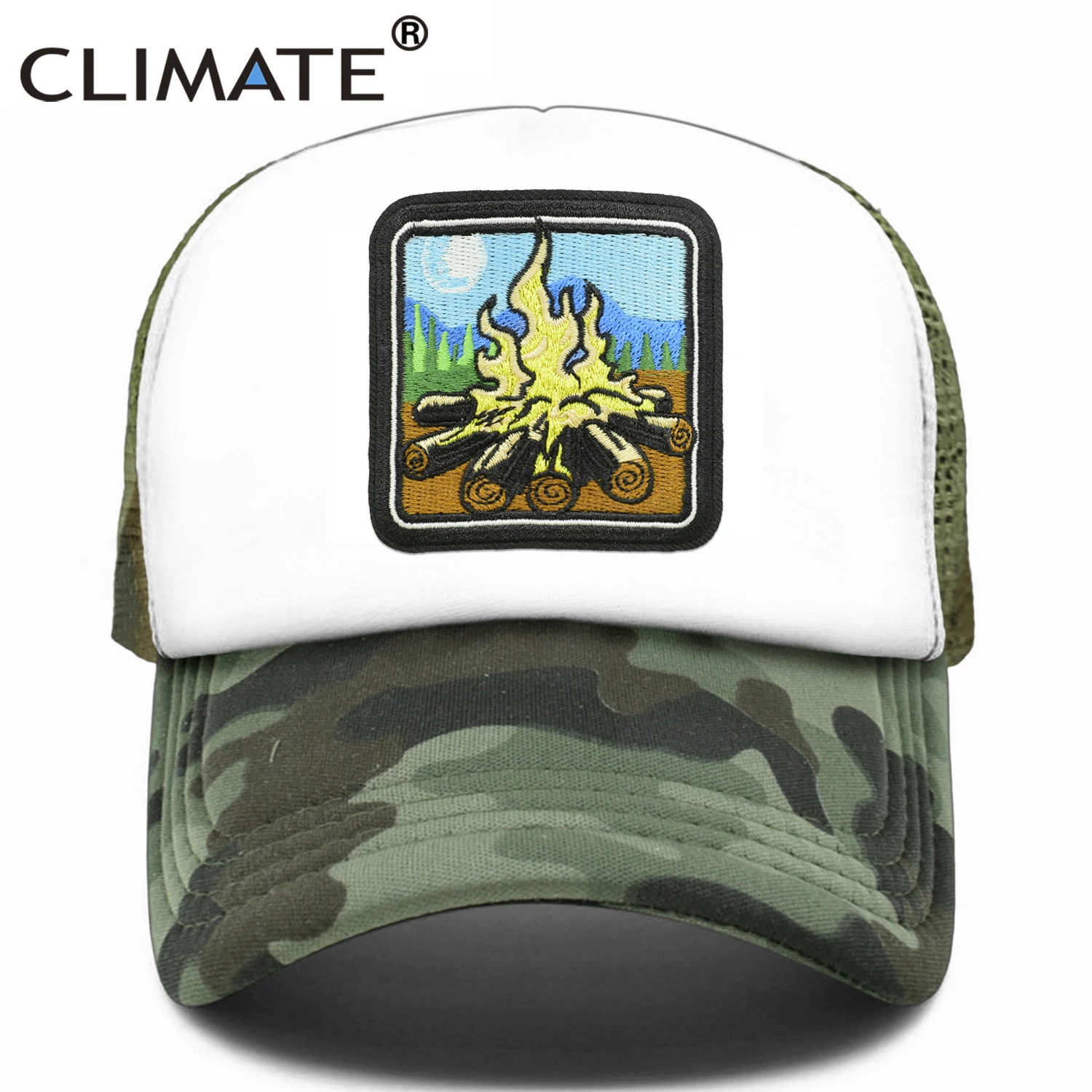 CLIMATE Camper Camping Campfire Trucker Cap Hiking Camouflage Cap for Outdoor  Baseball Cap Summer Camp Cool Mesh Caps Men