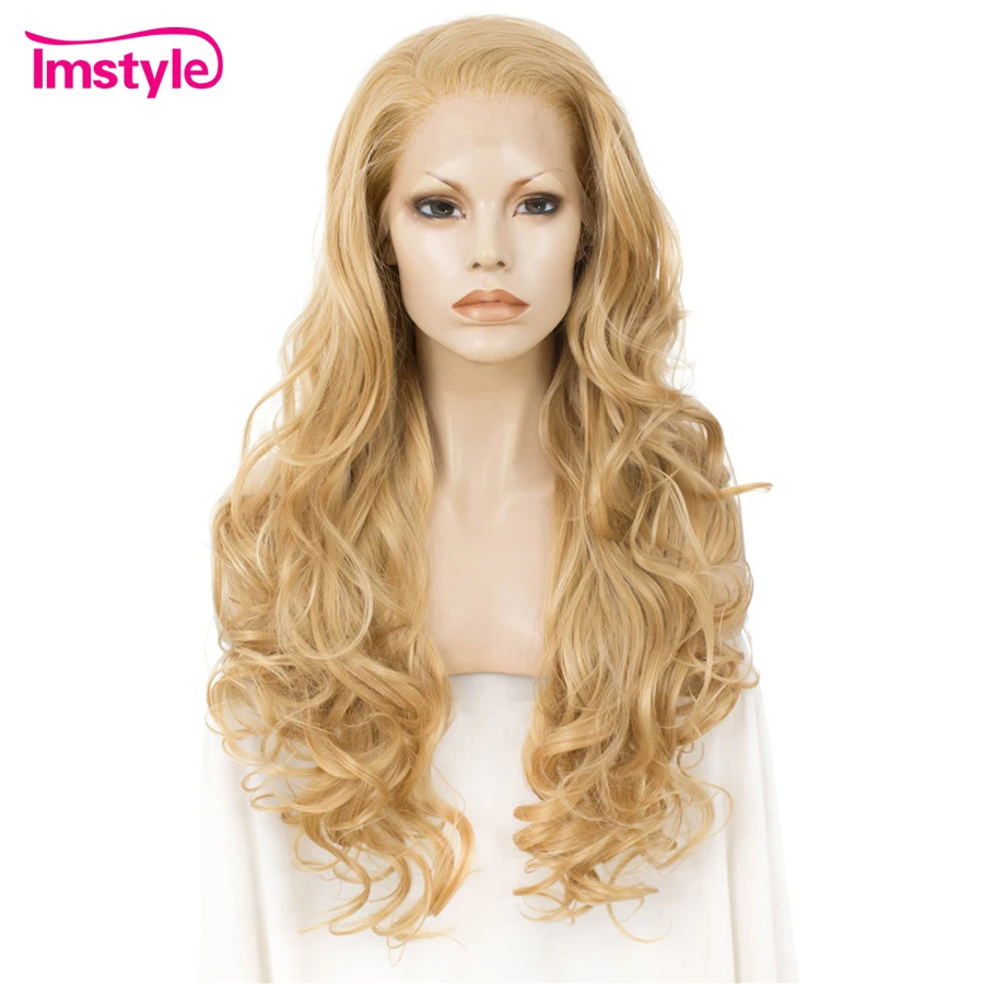 Imstyle blond peruka długie faliste syntetyczna koronka peruka Front włókno termoodporne naturalne włosy koronki peruka Front Cosplay peruki dla kobiet