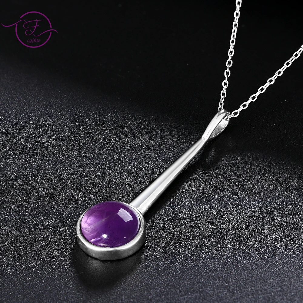 925 Sterling Silver Pendant Necklace Round 10MM Amethyst Large Geometric Necklace Natural Amethyst Engagement Gift Party