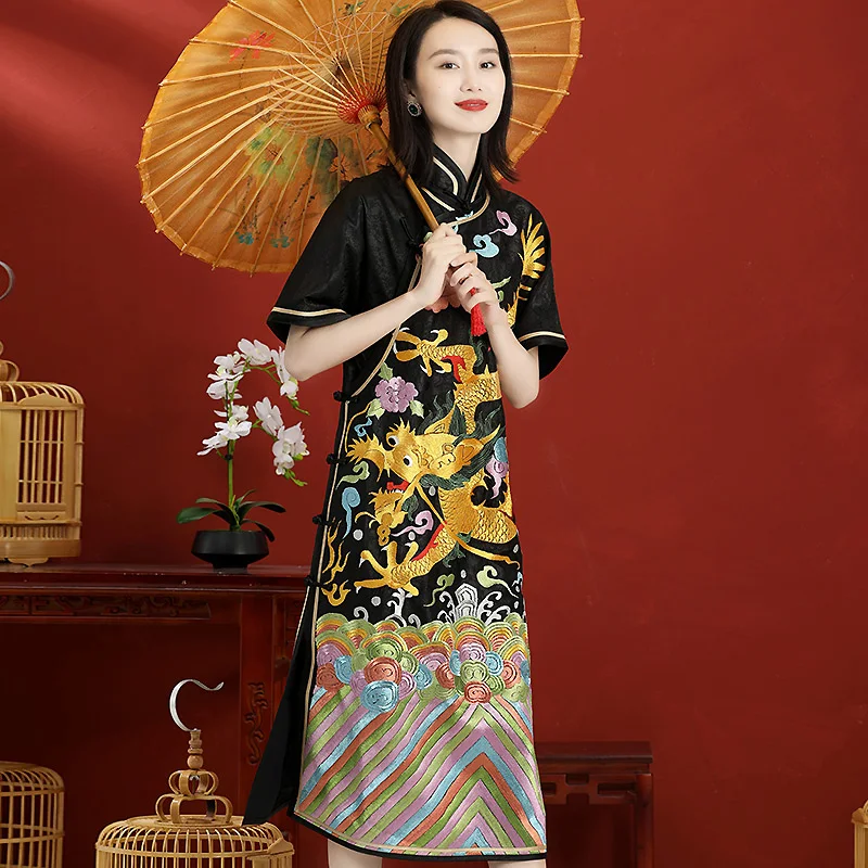 Spring And Autumn High-End Custom Chinese Style Hand Embroidery Dragon Robe Short Sleeve Mid-Length Lady Dress S-3XL