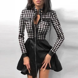 Women Vintage Plaid Zippers Slim Mini Dress Autumn Long Sleeve Lace Patchwork Party Dress Office Lady Stand Collar Dress Vestido