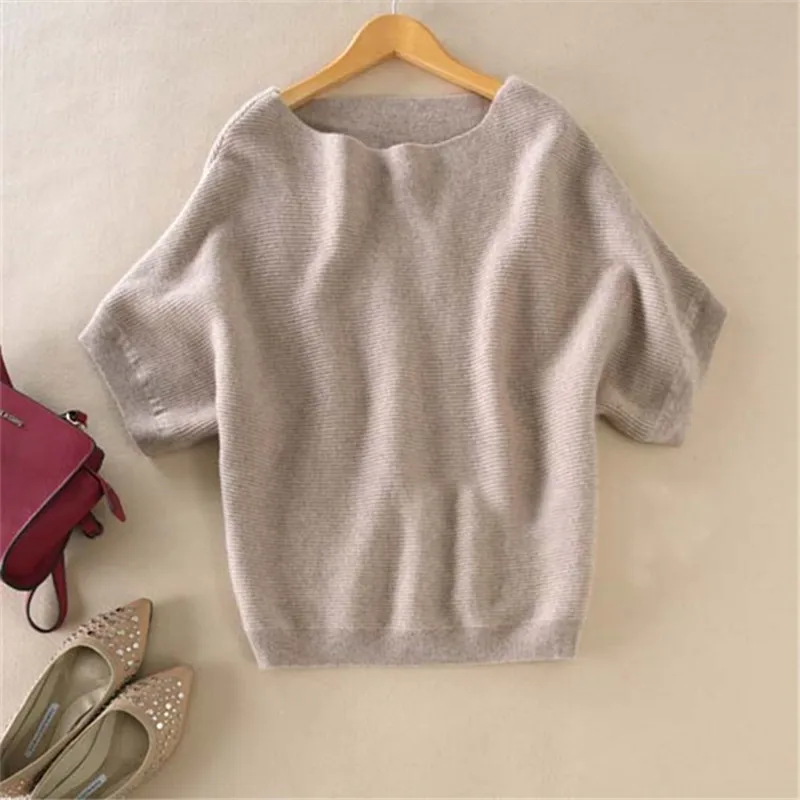 2024 Four Seasons One Word Collar New Knitted Cashmere Sweater Short-Sleeved Women' Large Size Wild Pullover Thick Vest Wool Top