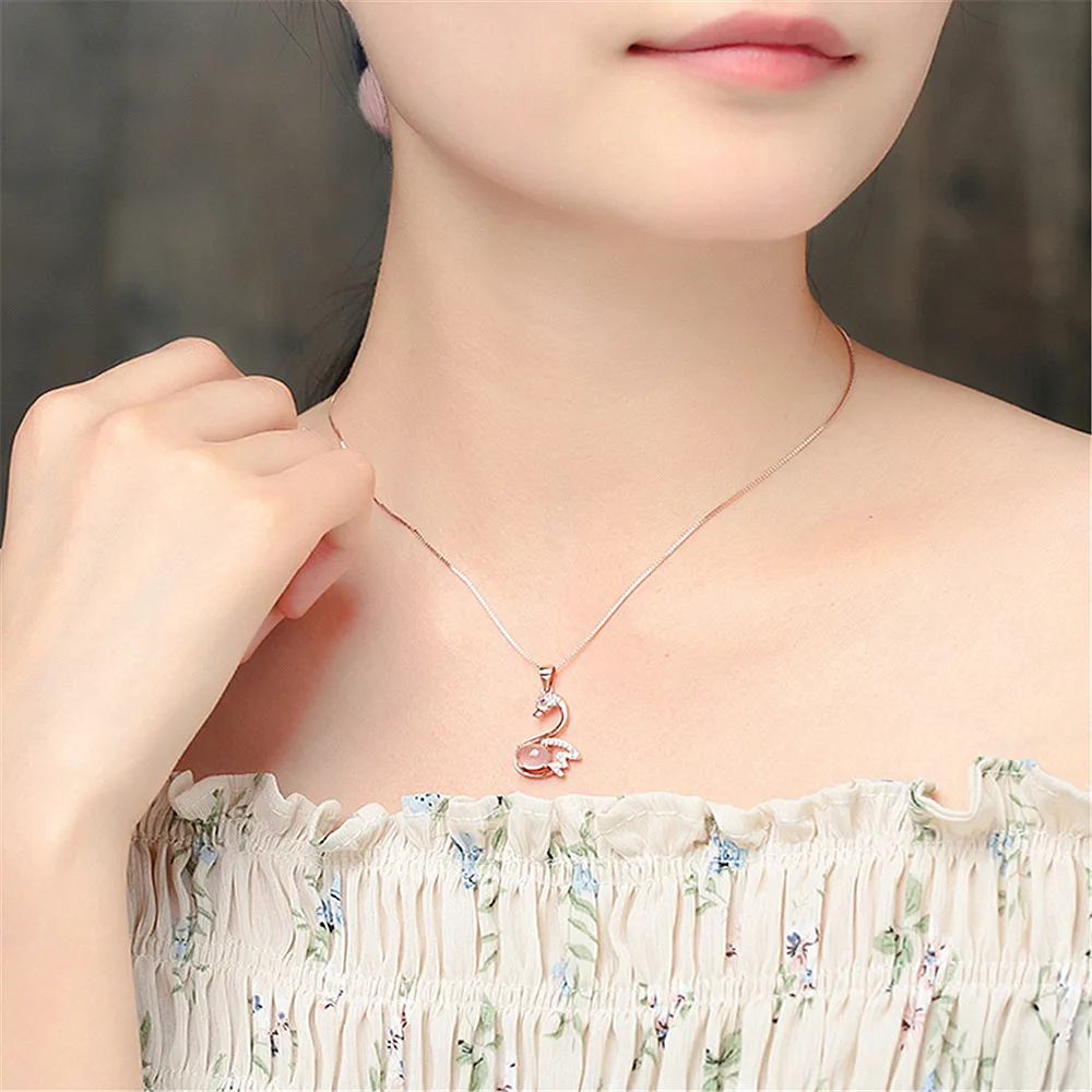 Fashion elegant swan pink crystal zircon diamonds pendant necklaces for women 14k rose gold color jewelry choker bijoux gifts