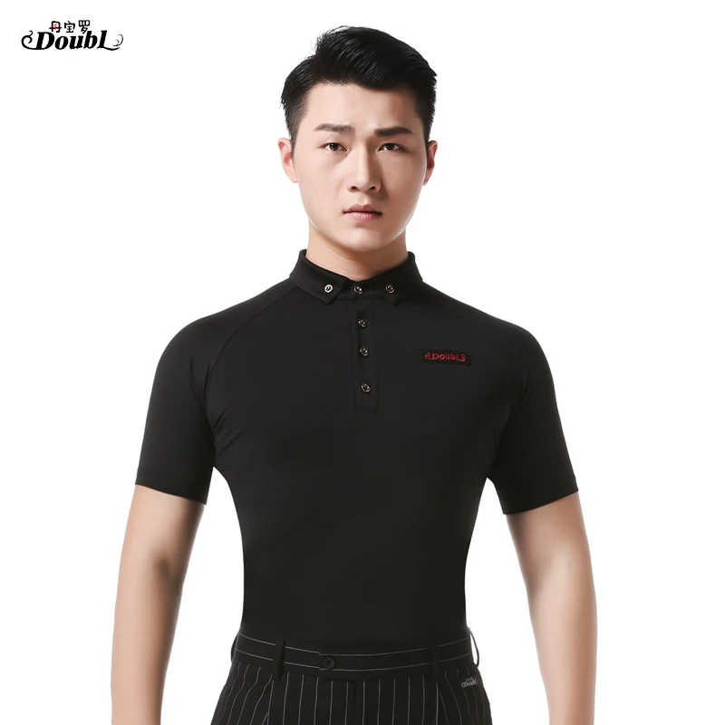 Doubl Dance Practice Ballroom Standard Modern Tops Adult New latin dance costumes Men Short Sleeve Button T Shirt White Black