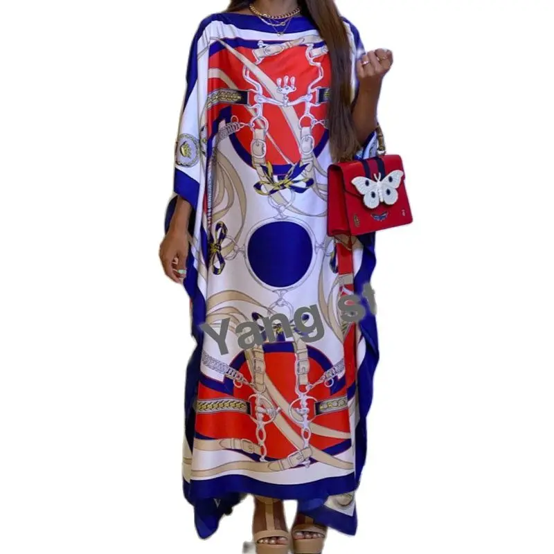 Africa Fashion Blogger Recommend Popular printed Silk Kaftan Maxi dresses Loose Summer Beach Bohemian kaftan long dress for lady