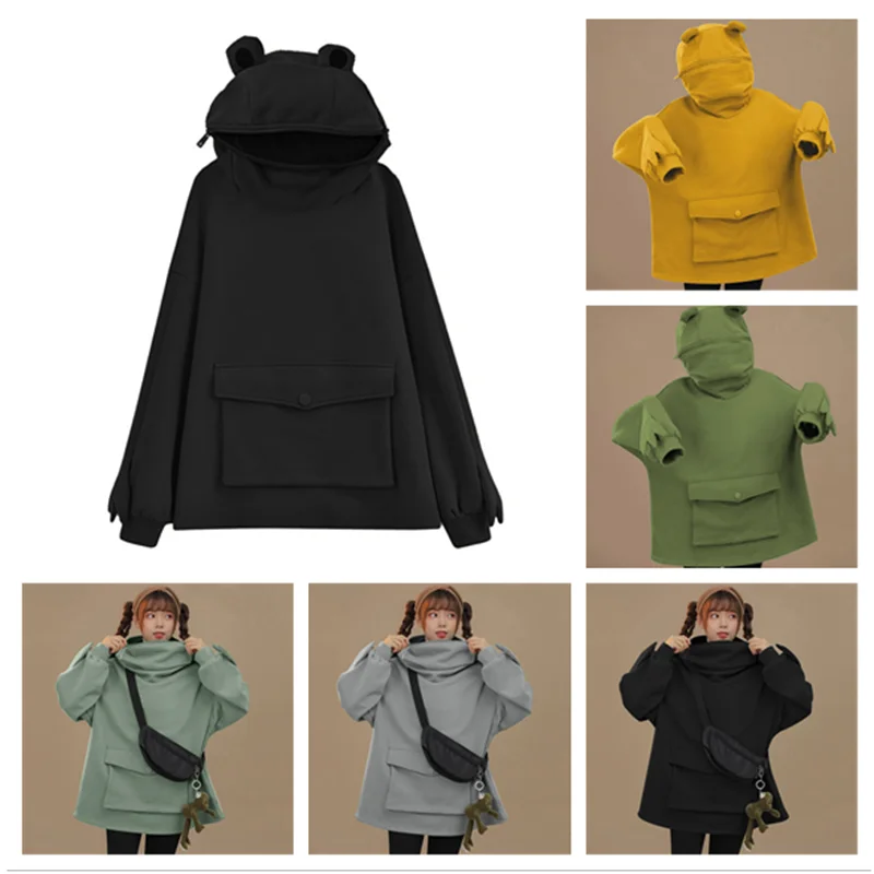 Frog oversized cartoon hoodie women fashion sweater casual solid color Korean student sweater spring and autumn frog hoodie