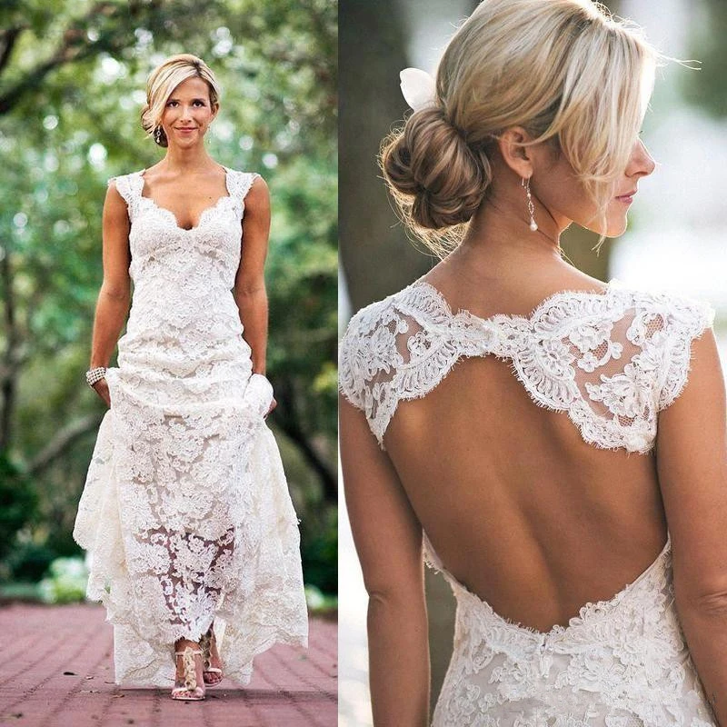 Vintage Lace Mermaid Garden Wedding Dresses Bohemian V-neck Beach Bridal Gowns Cap Sleeve Backless Party Dress Robe de mariée