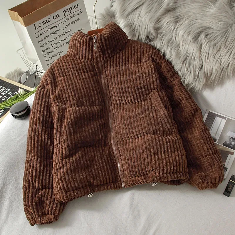 Korean Style 2024 Winter Corduroy Short Jacket For Women Black Loose Coats Casual Bread Warm Girl Oversize Coat Thick Parkas