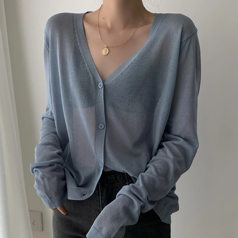 Cardigan Shirt Women Tops Korean Long Sleeve Cardigan Summer Tops V Neck Thin Knitted Sunscreen Shirt Sweater Blusas Mujer E600