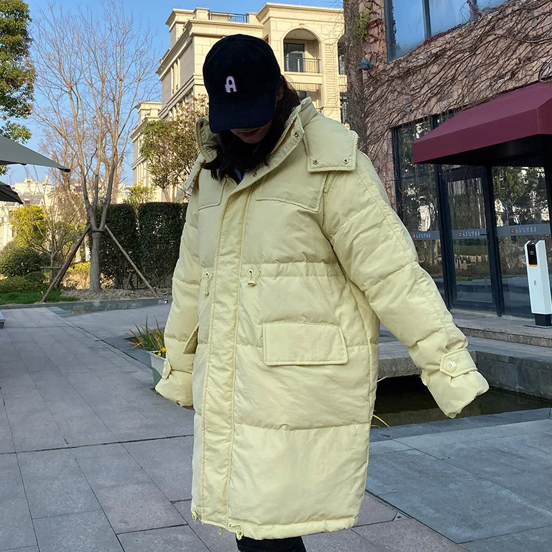 Women's down jacket white duck down long Korean version loose drawstring hat stand collar over knee stand collar trend coat