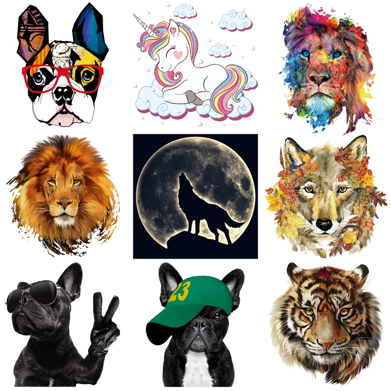 Cartoon Animal Diy Patch Iron On Clothes Jeans Fashion Diy Accessory Sticker Heat Press Appliqued Thermal Patch Wolf Lions Dog