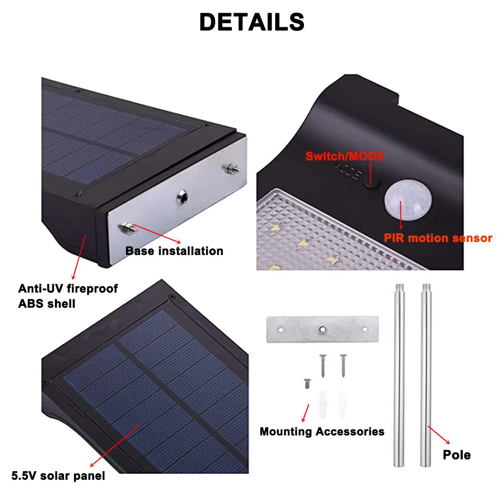 Upgraded 48LED Solar PIR Motion Sensor Wall Light Outdoor Waterproof 3modes 3.7V/2000mAh Waterproof For Path Garage Street Light
