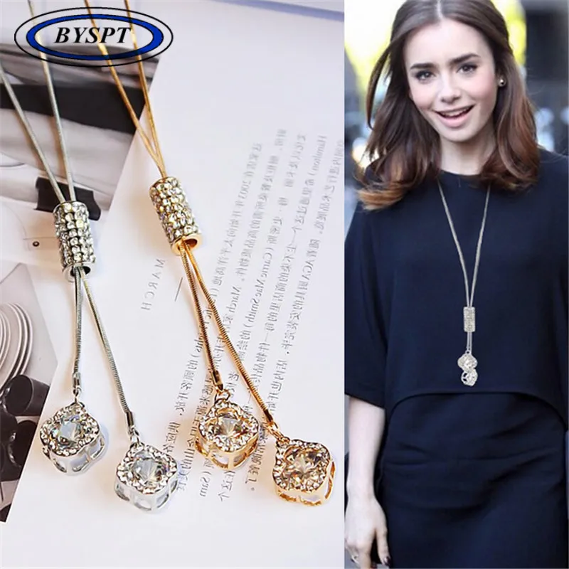 Fashion Necklaces Crystal Jewelry Clover Leaf Leaves Necklace Pendant Long Sweater Twist Chain Necklace For Women