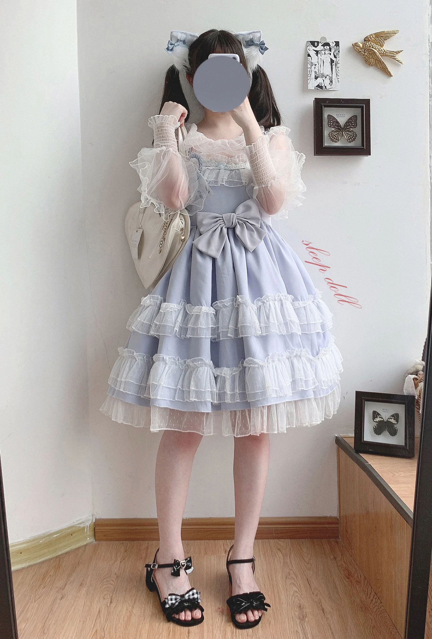 Vestido japonés de hilo de red con lazo, bonito vestido con tirantes de hoja de loto, cintura alta, princesa, diario, Kawaii, Cosplay de chica, Lolita Cos Loli