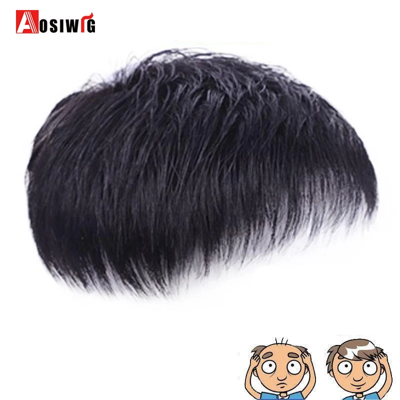 AOSI Short Male\'s Wig Straight Hair Men Toupee Hairpiece Replacement Synthetic Straight Hair Natural Black Topper Wig