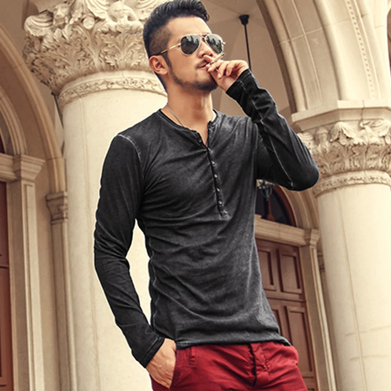 2023 Hot Sale New Men Long-sleeved T-shirts  High Quality Men Old Color Cardigan T Shirt Restoring Ancient Ways V-neck T-shirt