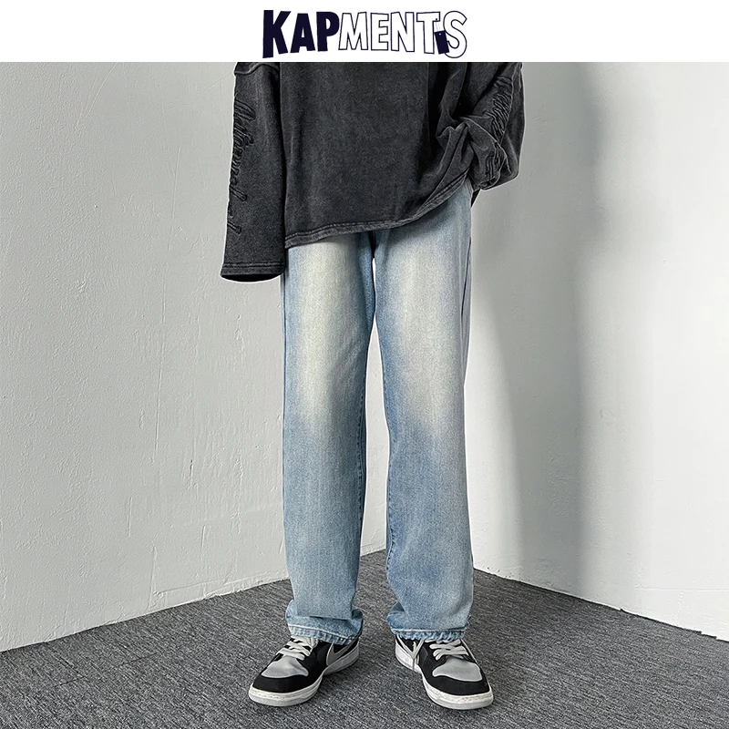 KAPMENTS Men Blue Baggy Straight Jeans Pants 2023 Mens Wide Leg Harajuku Denim Trousers Man Japanese Streetwear Casual Joggers