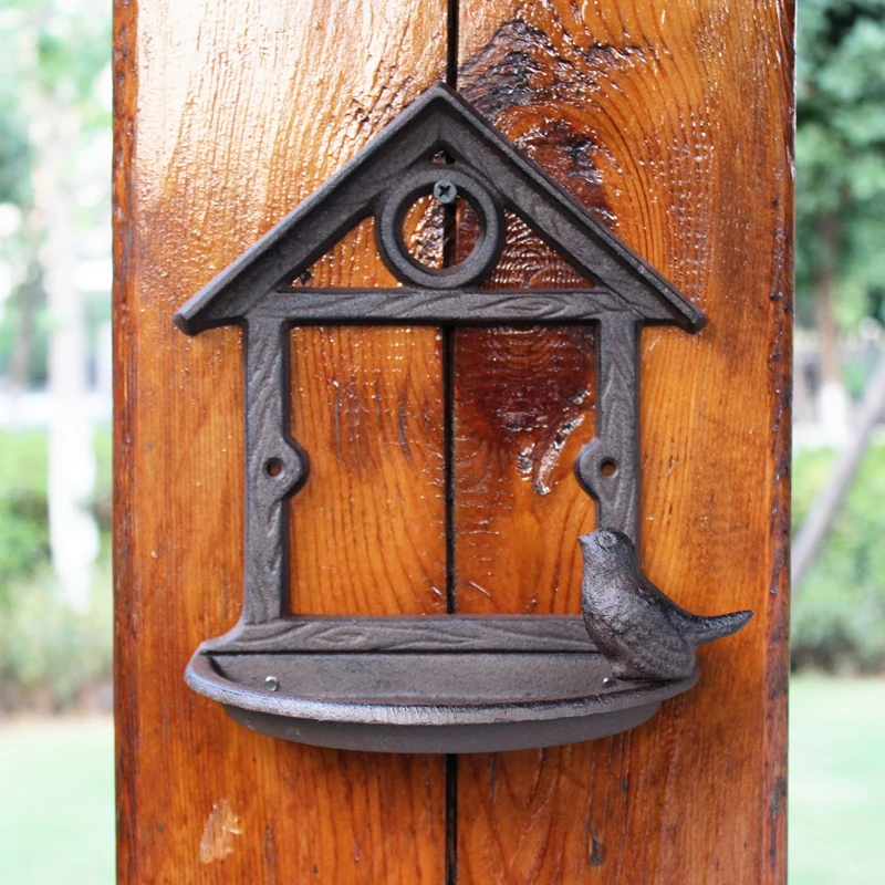 Rustic Cast Iron House Wall Storage Bowl With Bird Figurines Around European Retic Home Garden Decor Wall Mounted Bird Feeder